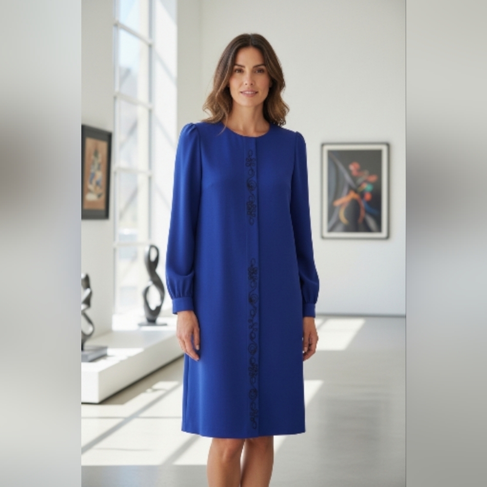 Chaus Timeless Fashion Royal Blue Glamorous Gatsby Long Sleeve Dress Sz 14